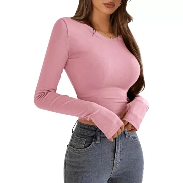 PRETTYGARDEN Womens Long Sleeve Crop Tops Y2K Fall Fashion Clothes Basic Slim Fit Tee Shirts BlousePink