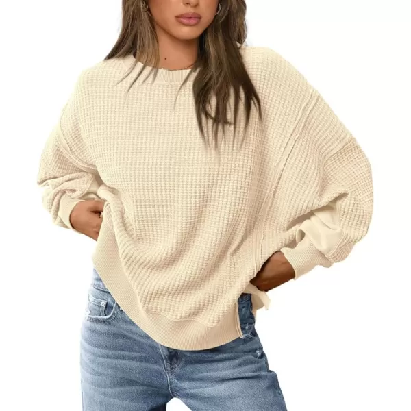 PRETTYGARDEN Womens Oversized Crewneck Sweatshirts Casual Long Sleeve Side Split Pullover Waffle Knit Shirts TopBeige