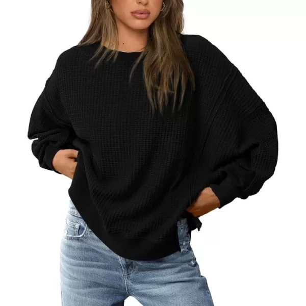 PRETTYGARDEN Womens Oversized Crewneck Sweatshirts Casual Long Sleeve Side Split Pullover Waffle Knit Shirts TopBlack