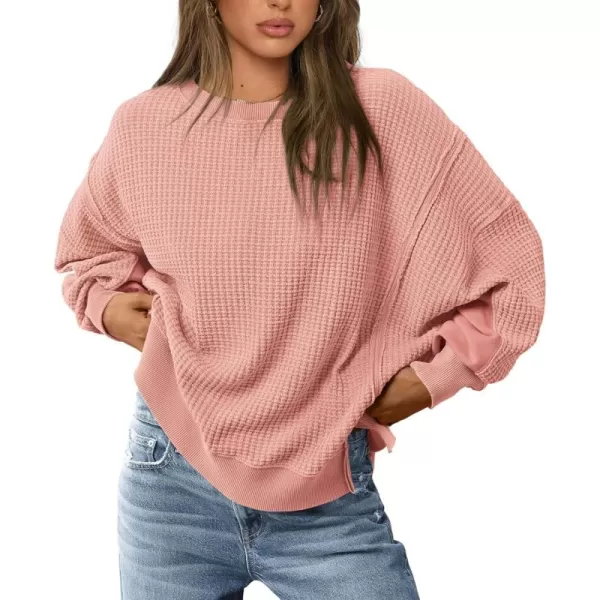 PRETTYGARDEN Womens Oversized Crewneck Sweatshirts Casual Long Sleeve Side Split Pullover Waffle Knit Shirts TopCoral Pink