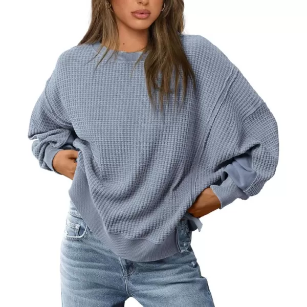 PRETTYGARDEN Womens Oversized Crewneck Sweatshirts Casual Long Sleeve Side Split Pullover Waffle Knit Shirts TopGrey Blue