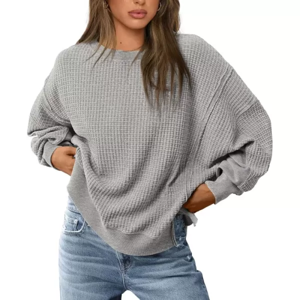 PRETTYGARDEN Womens Oversized Crewneck Sweatshirts Casual Long Sleeve Side Split Pullover Waffle Knit Shirts TopLight Grey