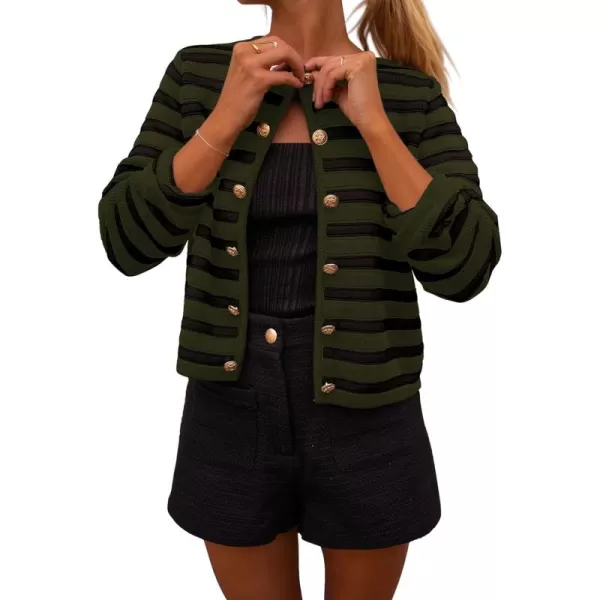 PRETTYGARDEN Womens Striped Cardigan Sweaters Ribbed Knit Long Sleeve Open Front Crewneck Casual JacketsArmy Green