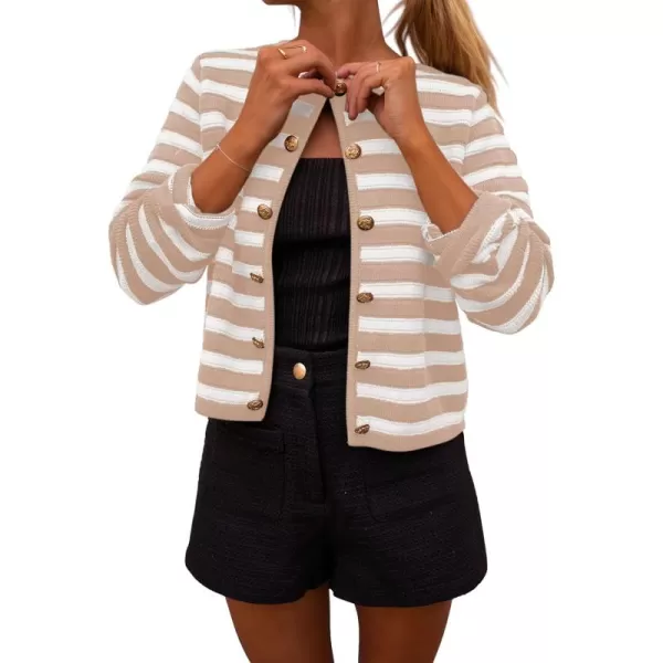 PRETTYGARDEN Womens Striped Cardigan Sweaters Ribbed Knit Long Sleeve Open Front Crewneck Casual JacketsKhaki