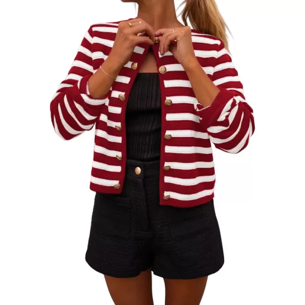 PRETTYGARDEN Womens Striped Cardigan Sweaters Ribbed Knit Long Sleeve Open Front Crewneck Casual JacketsWine Red