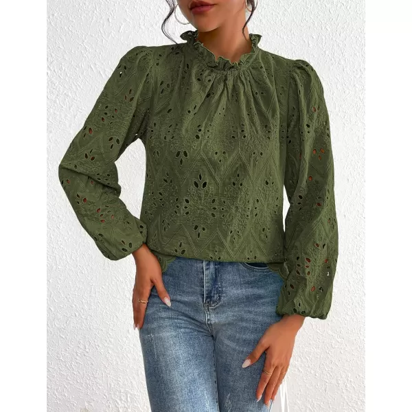 PRETTYGARDEN Womens Blouses Dressy Casual Embroidered Long Puff Sleeve Shirts Ruffle Eyelet Lace Top Fall ClothesArmy Green