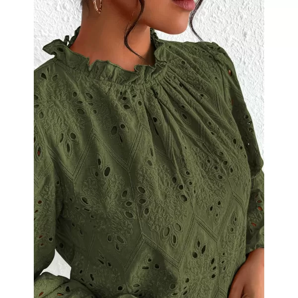 PRETTYGARDEN Womens Blouses Dressy Casual Embroidered Long Puff Sleeve Shirts Ruffle Eyelet Lace Top Fall ClothesArmy Green