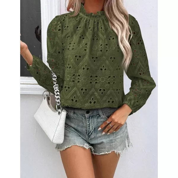 PRETTYGARDEN Womens Blouses Dressy Casual Embroidered Long Puff Sleeve Shirts Ruffle Eyelet Lace Top Fall ClothesArmy Green