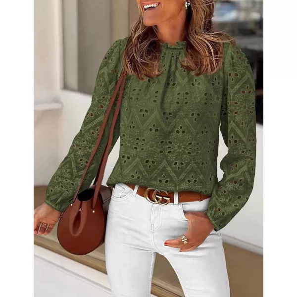 PRETTYGARDEN Womens Blouses Dressy Casual Embroidered Long Puff Sleeve Shirts Ruffle Eyelet Lace Top Fall ClothesArmy Green