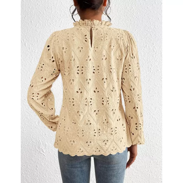 PRETTYGARDEN Womens Blouses Dressy Casual Embroidered Long Puff Sleeve Shirts Ruffle Eyelet Lace Top Fall ClothesBeige Yellow