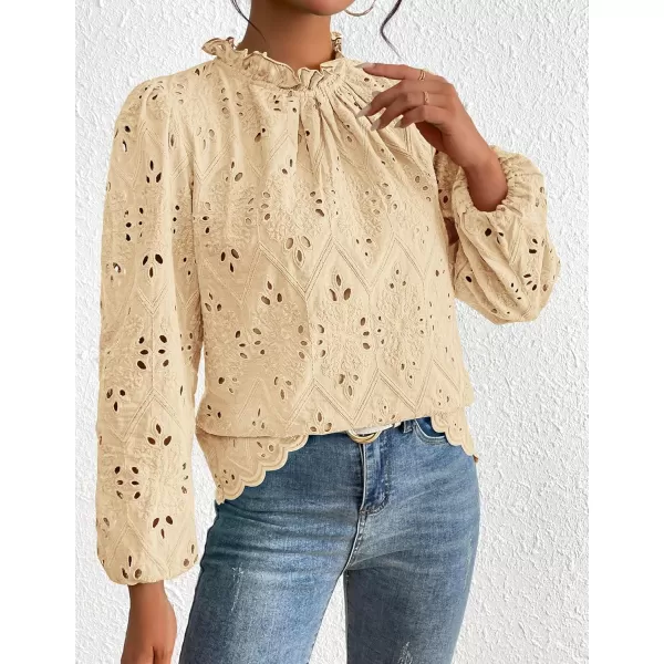 PRETTYGARDEN Womens Blouses Dressy Casual Embroidered Long Puff Sleeve Shirts Ruffle Eyelet Lace Top Fall ClothesBeige Yellow