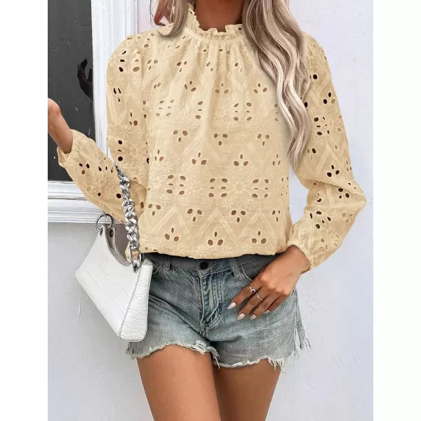 PRETTYGARDEN Womens Blouses Dressy Casual Embroidered Long Puff Sleeve Shirts Ruffle Eyelet Lace Top Fall ClothesBeige Yellow