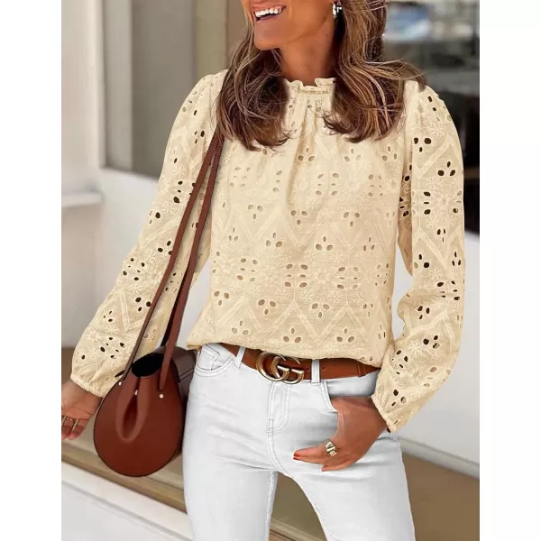 PRETTYGARDEN Womens Blouses Dressy Casual Embroidered Long Puff Sleeve Shirts Ruffle Eyelet Lace Top Fall ClothesBeige Yellow