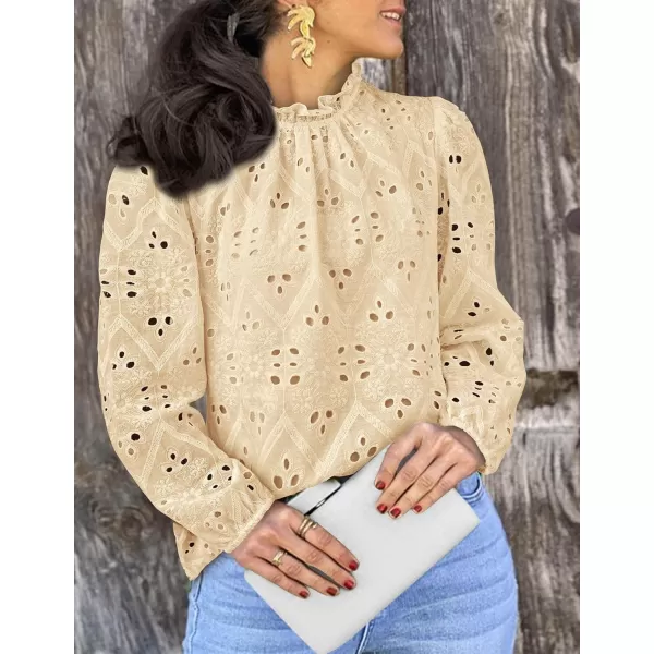 PRETTYGARDEN Womens Blouses Dressy Casual Embroidered Long Puff Sleeve Shirts Ruffle Eyelet Lace Top Fall ClothesBeige Yellow