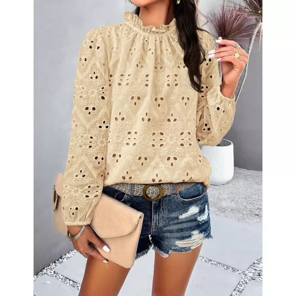PRETTYGARDEN Womens Blouses Dressy Casual Embroidered Long Puff Sleeve Shirts Ruffle Eyelet Lace Top Fall ClothesBeige Yellow