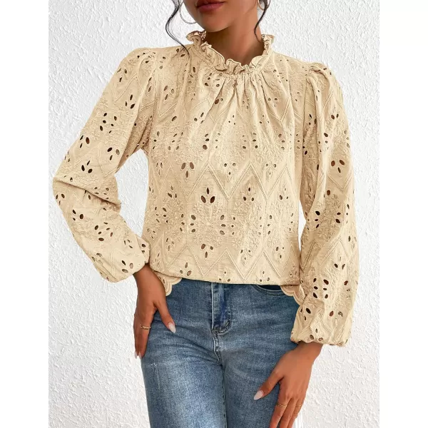 PRETTYGARDEN Womens Blouses Dressy Casual Embroidered Long Puff Sleeve Shirts Ruffle Eyelet Lace Top Fall ClothesBeige Yellow