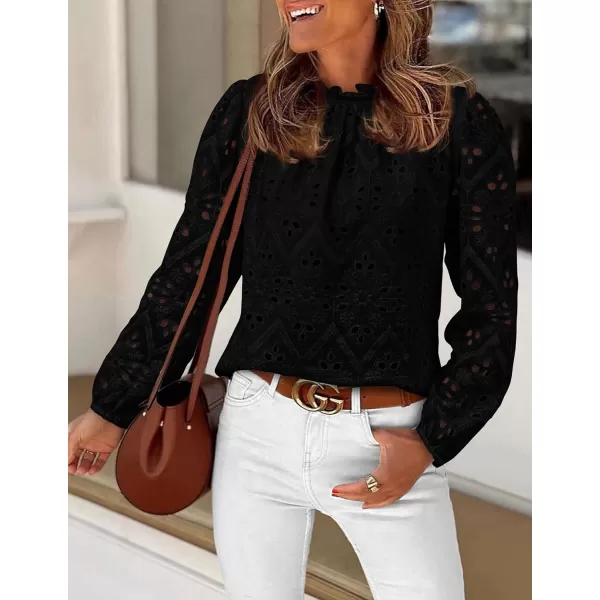 PRETTYGARDEN Womens Blouses Dressy Casual Embroidered Long Puff Sleeve Shirts Ruffle Eyelet Lace Top Fall ClothesBlack