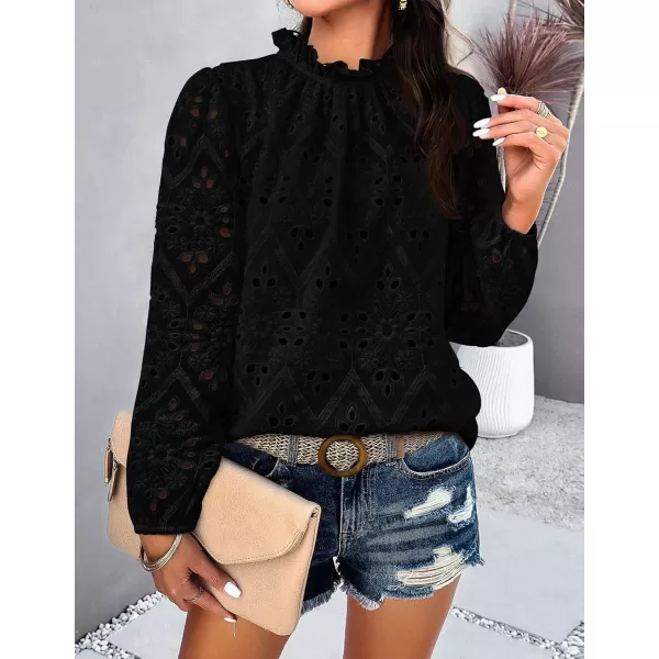 PRETTYGARDEN Womens Blouses Dressy Casual Embroidered Long Puff Sleeve Shirts Ruffle Eyelet Lace Top Fall ClothesBlack