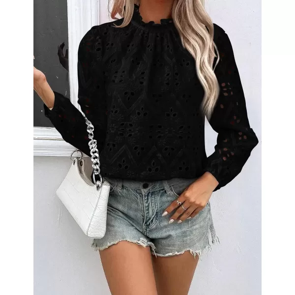PRETTYGARDEN Womens Blouses Dressy Casual Embroidered Long Puff Sleeve Shirts Ruffle Eyelet Lace Top Fall ClothesBlack