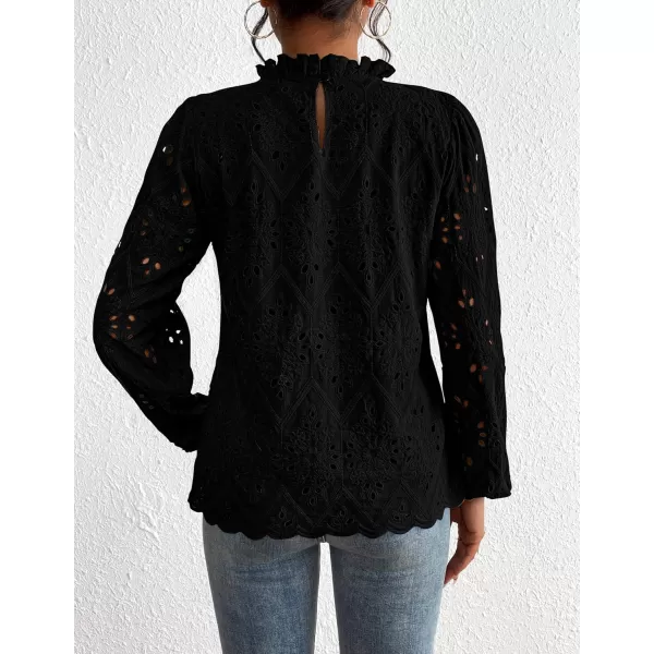 PRETTYGARDEN Womens Blouses Dressy Casual Embroidered Long Puff Sleeve Shirts Ruffle Eyelet Lace Top Fall ClothesBlack