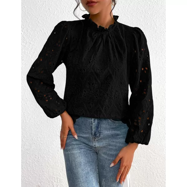 PRETTYGARDEN Womens Blouses Dressy Casual Embroidered Long Puff Sleeve Shirts Ruffle Eyelet Lace Top Fall ClothesBlack