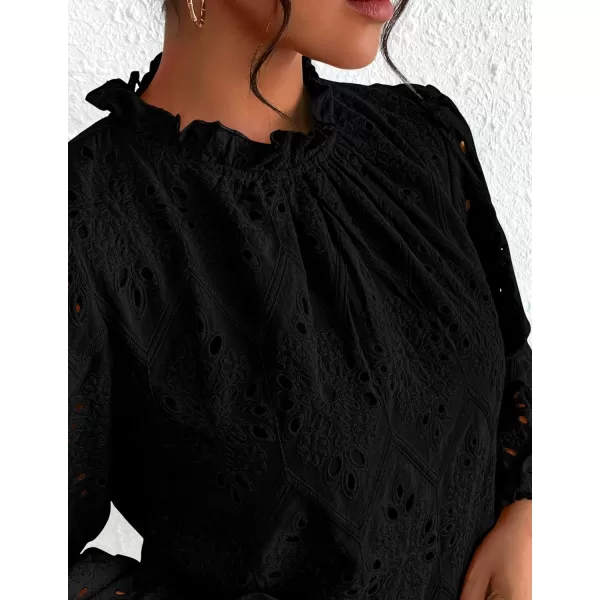 PRETTYGARDEN Womens Blouses Dressy Casual Embroidered Long Puff Sleeve Shirts Ruffle Eyelet Lace Top Fall ClothesBlack