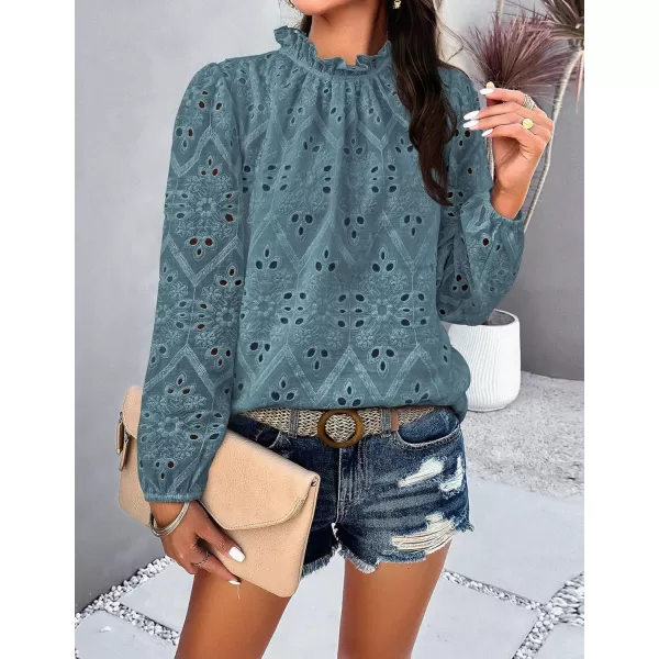 PRETTYGARDEN Womens Blouses Dressy Casual Embroidered Long Puff Sleeve Shirts Ruffle Eyelet Lace Top Fall ClothesBlue Grey