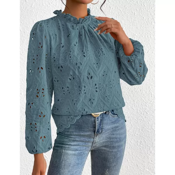 PRETTYGARDEN Womens Blouses Dressy Casual Embroidered Long Puff Sleeve Shirts Ruffle Eyelet Lace Top Fall ClothesBlue Grey