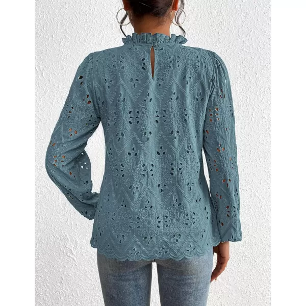 PRETTYGARDEN Womens Blouses Dressy Casual Embroidered Long Puff Sleeve Shirts Ruffle Eyelet Lace Top Fall ClothesBlue Grey