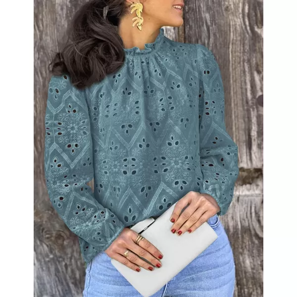 PRETTYGARDEN Womens Blouses Dressy Casual Embroidered Long Puff Sleeve Shirts Ruffle Eyelet Lace Top Fall ClothesBlue Grey