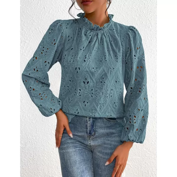 PRETTYGARDEN Womens Blouses Dressy Casual Embroidered Long Puff Sleeve Shirts Ruffle Eyelet Lace Top Fall ClothesBlue Grey