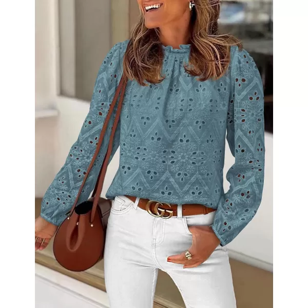 PRETTYGARDEN Womens Blouses Dressy Casual Embroidered Long Puff Sleeve Shirts Ruffle Eyelet Lace Top Fall ClothesBlue Grey