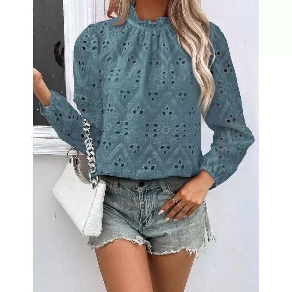PRETTYGARDEN Womens Blouses Dressy Casual Embroidered Long Puff Sleeve Shirts Ruffle Eyelet Lace Top Fall ClothesBlue Grey