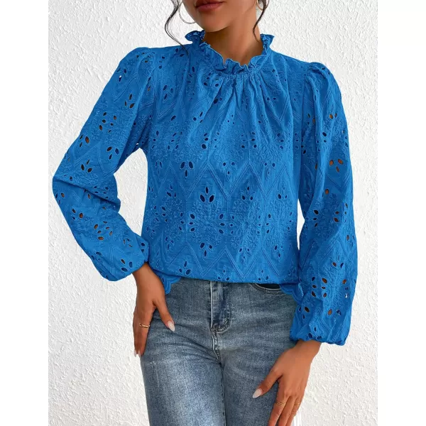 PRETTYGARDEN Womens Blouses Dressy Casual Embroidered Long Puff Sleeve Shirts Ruffle Eyelet Lace Top Fall ClothesBrilliant Blue