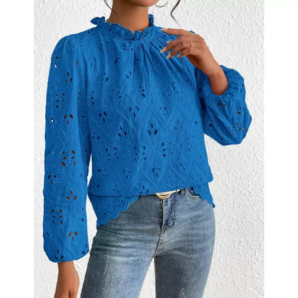 PRETTYGARDEN Womens Blouses Dressy Casual Embroidered Long Puff Sleeve Shirts Ruffle Eyelet Lace Top Fall ClothesBrilliant Blue