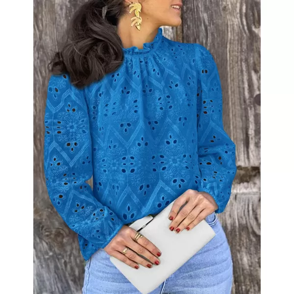 PRETTYGARDEN Womens Blouses Dressy Casual Embroidered Long Puff Sleeve Shirts Ruffle Eyelet Lace Top Fall ClothesBrilliant Blue