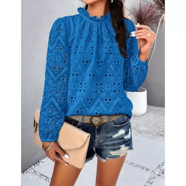 PRETTYGARDEN Womens Blouses Dressy Casual Embroidered Long Puff Sleeve Shirts Ruffle Eyelet Lace Top Fall ClothesBrilliant Blue