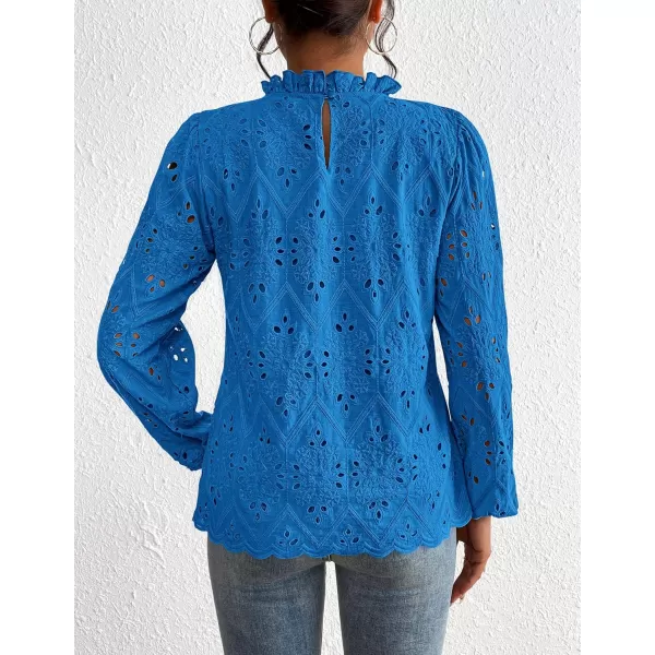 PRETTYGARDEN Womens Blouses Dressy Casual Embroidered Long Puff Sleeve Shirts Ruffle Eyelet Lace Top Fall ClothesBrilliant Blue