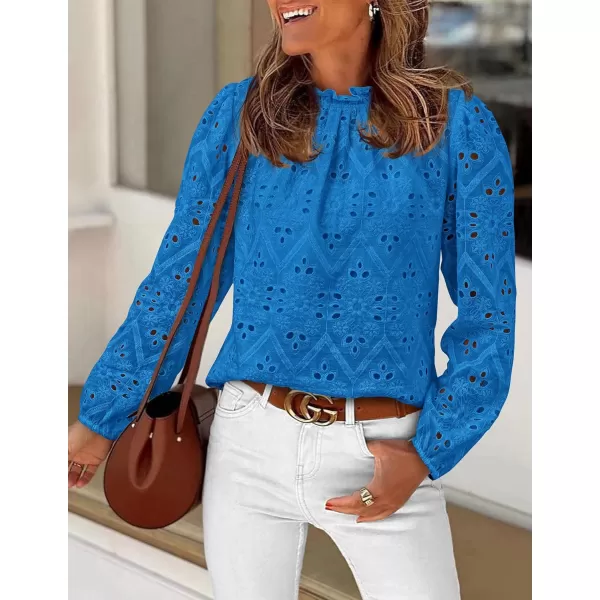 PRETTYGARDEN Womens Blouses Dressy Casual Embroidered Long Puff Sleeve Shirts Ruffle Eyelet Lace Top Fall ClothesBrilliant Blue