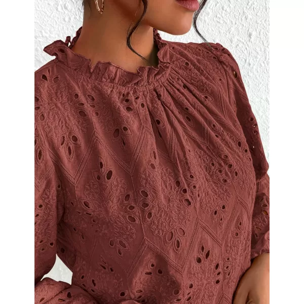 PRETTYGARDEN Womens Blouses Dressy Casual Embroidered Long Puff Sleeve Shirts Ruffle Eyelet Lace Top Fall ClothesBrown Red