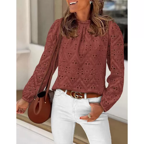PRETTYGARDEN Womens Blouses Dressy Casual Embroidered Long Puff Sleeve Shirts Ruffle Eyelet Lace Top Fall ClothesBrown Red