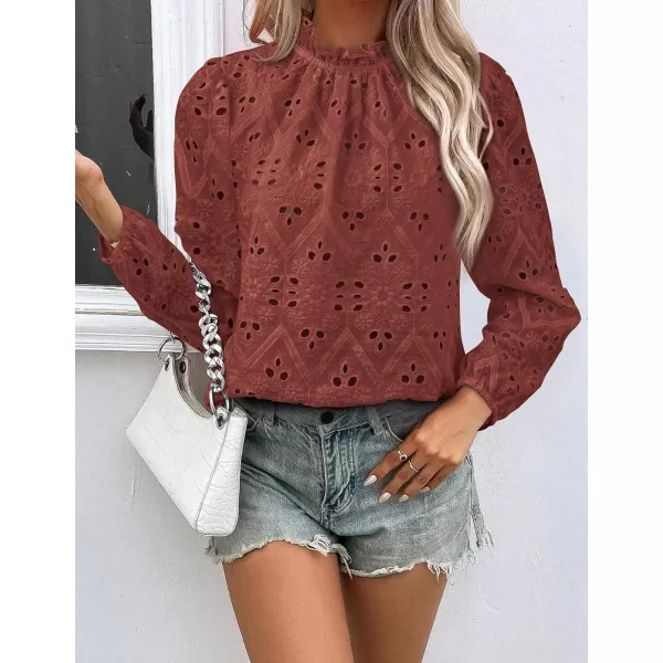 PRETTYGARDEN Womens Blouses Dressy Casual Embroidered Long Puff Sleeve Shirts Ruffle Eyelet Lace Top Fall ClothesBrown Red