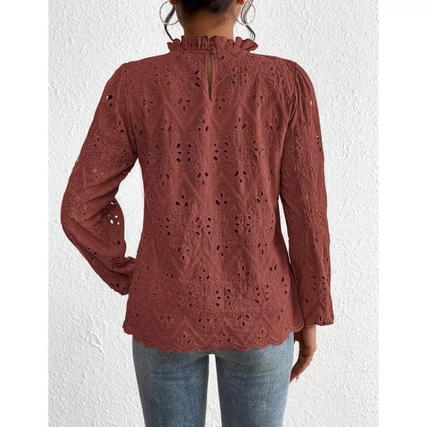 PRETTYGARDEN Womens Blouses Dressy Casual Embroidered Long Puff Sleeve Shirts Ruffle Eyelet Lace Top Fall ClothesBrown Red