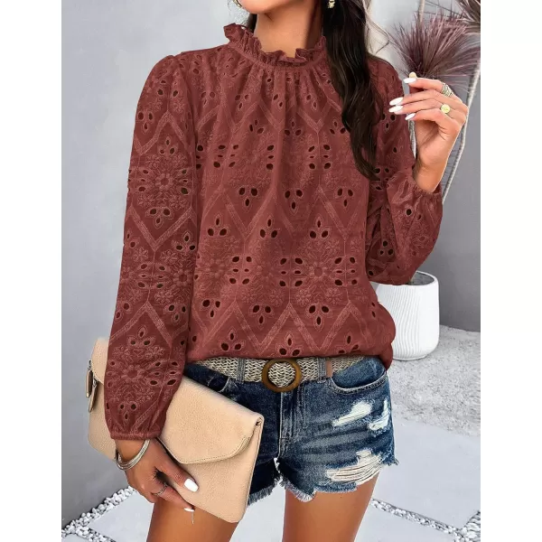 PRETTYGARDEN Womens Blouses Dressy Casual Embroidered Long Puff Sleeve Shirts Ruffle Eyelet Lace Top Fall ClothesBrown Red