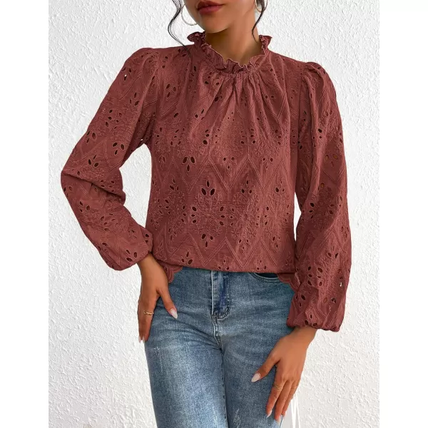 PRETTYGARDEN Womens Blouses Dressy Casual Embroidered Long Puff Sleeve Shirts Ruffle Eyelet Lace Top Fall ClothesBrown Red