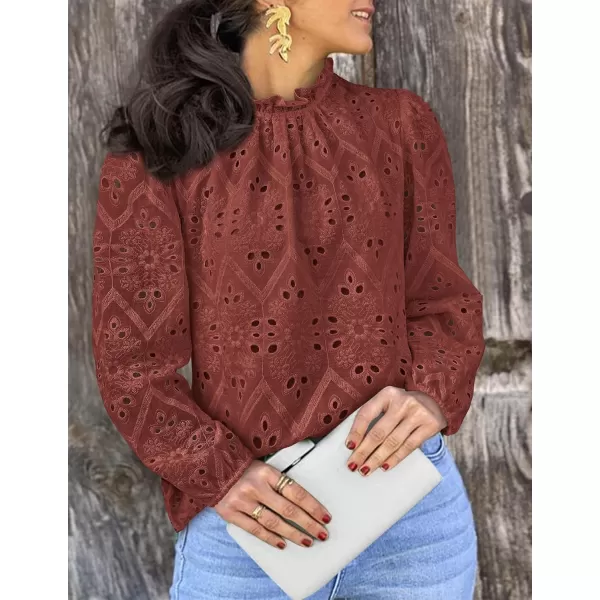 PRETTYGARDEN Womens Blouses Dressy Casual Embroidered Long Puff Sleeve Shirts Ruffle Eyelet Lace Top Fall ClothesBrown Red