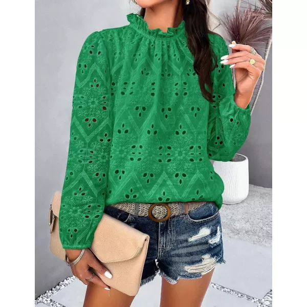 PRETTYGARDEN Womens Blouses Dressy Casual Embroidered Long Puff Sleeve Shirts Ruffle Eyelet Lace Top Fall ClothesGreen