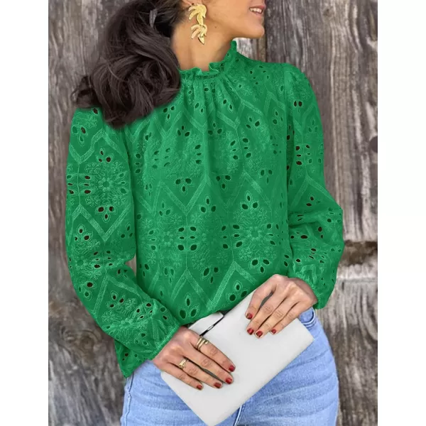 PRETTYGARDEN Womens Blouses Dressy Casual Embroidered Long Puff Sleeve Shirts Ruffle Eyelet Lace Top Fall ClothesGreen