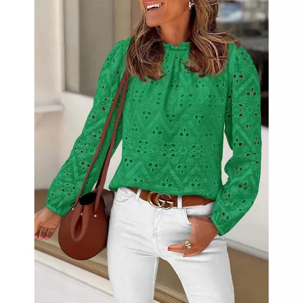PRETTYGARDEN Womens Blouses Dressy Casual Embroidered Long Puff Sleeve Shirts Ruffle Eyelet Lace Top Fall ClothesGreen