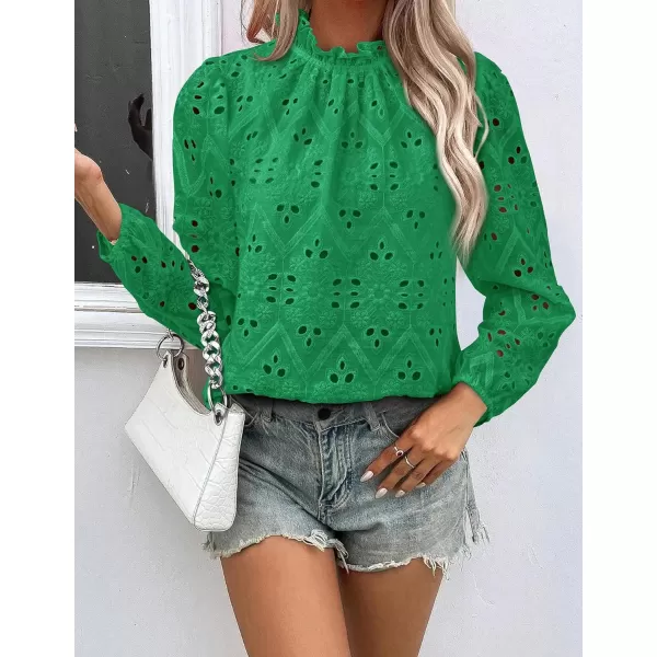 PRETTYGARDEN Womens Blouses Dressy Casual Embroidered Long Puff Sleeve Shirts Ruffle Eyelet Lace Top Fall ClothesGreen